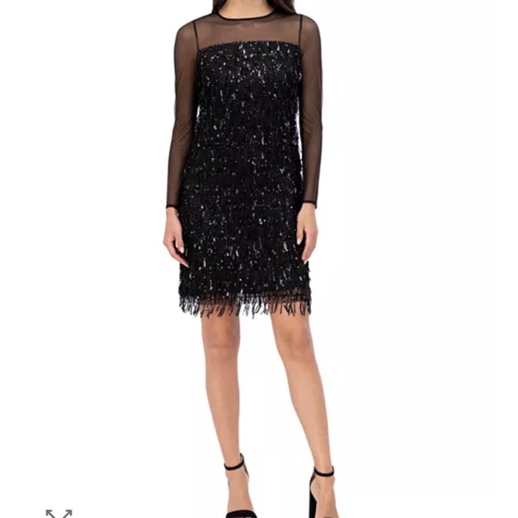 Eliza J Dresses & Skirts - Eliza J Illusion Sequin Fringe Shift Dress  0 Cocktail See Through Arms Black